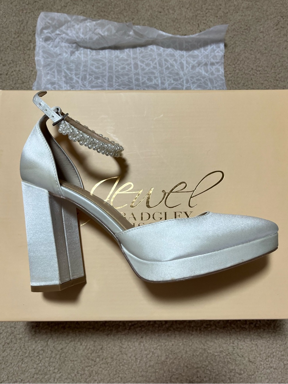Jewel Badgley Mischka Ivory Satin Block Heel with Pearl Ankle Strap